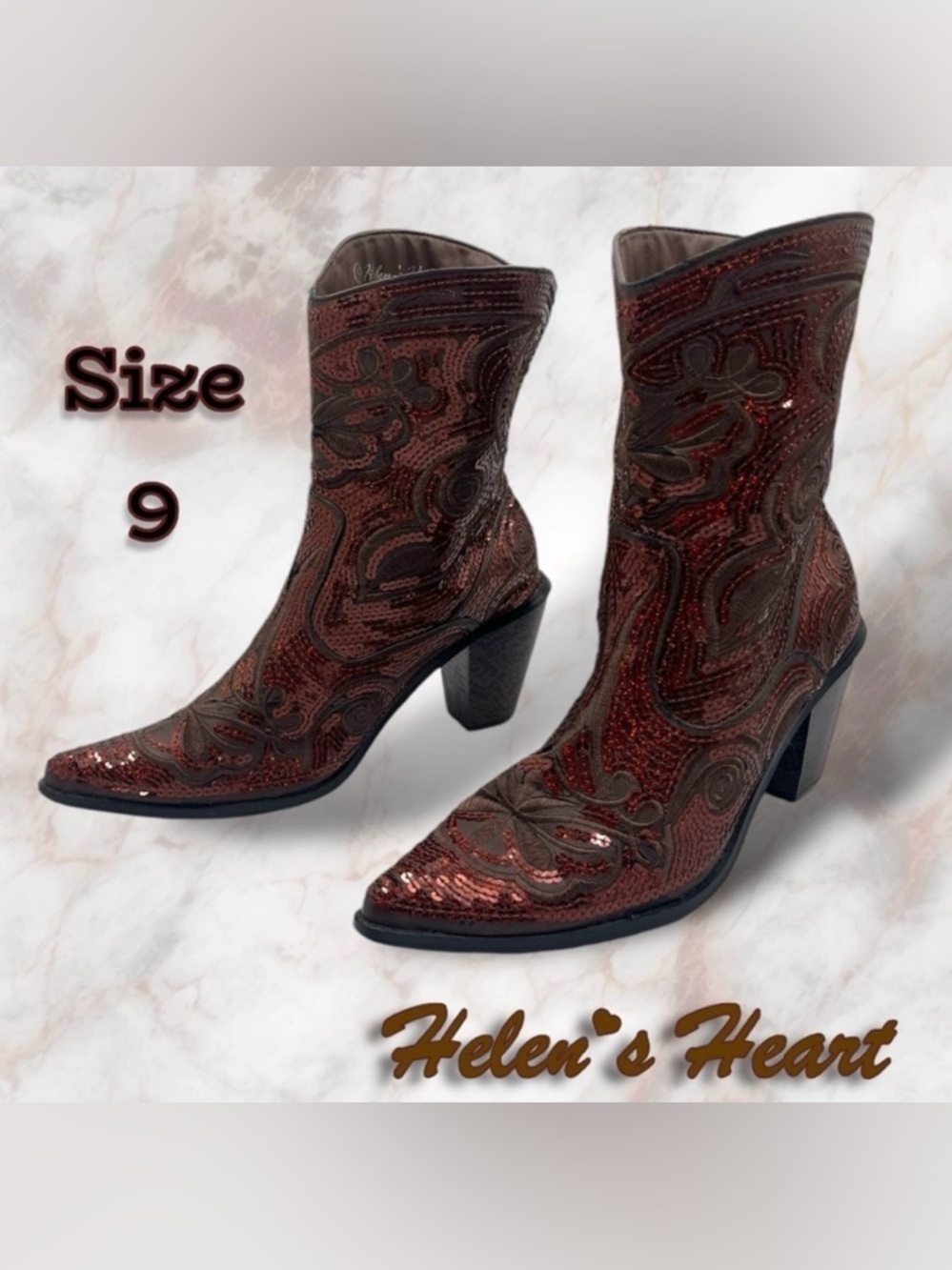 Helen's Heart| Embellished Sequin Burgundy Bronze Western Boot Size 9